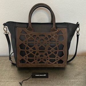 Berge Office/Laptop Leather bag, Black with gray/brownish laser cutout front